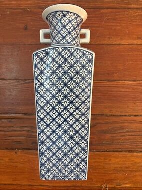 Vintage TOYO Blue and White Geometric Porcelain Wall Vase